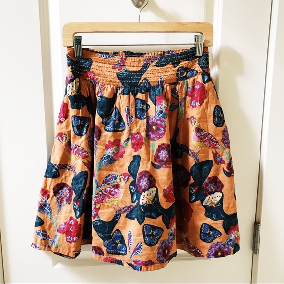 Anthropologie Dresses & Skirts - Anthropologie bird and floral orange A line skirt